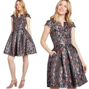 ModCloth Cactus Jacquard Fit & Flare Dress Knee Length Novelty Print size 14